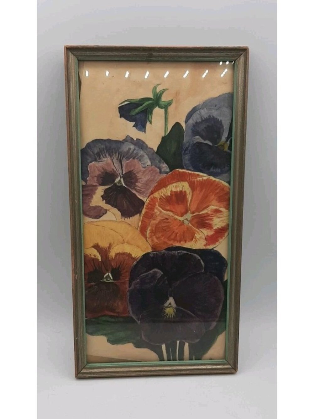 Vintage Antique Handmade Small Water Colored Pansies Framed 10 1/2 x 5 1/2 In